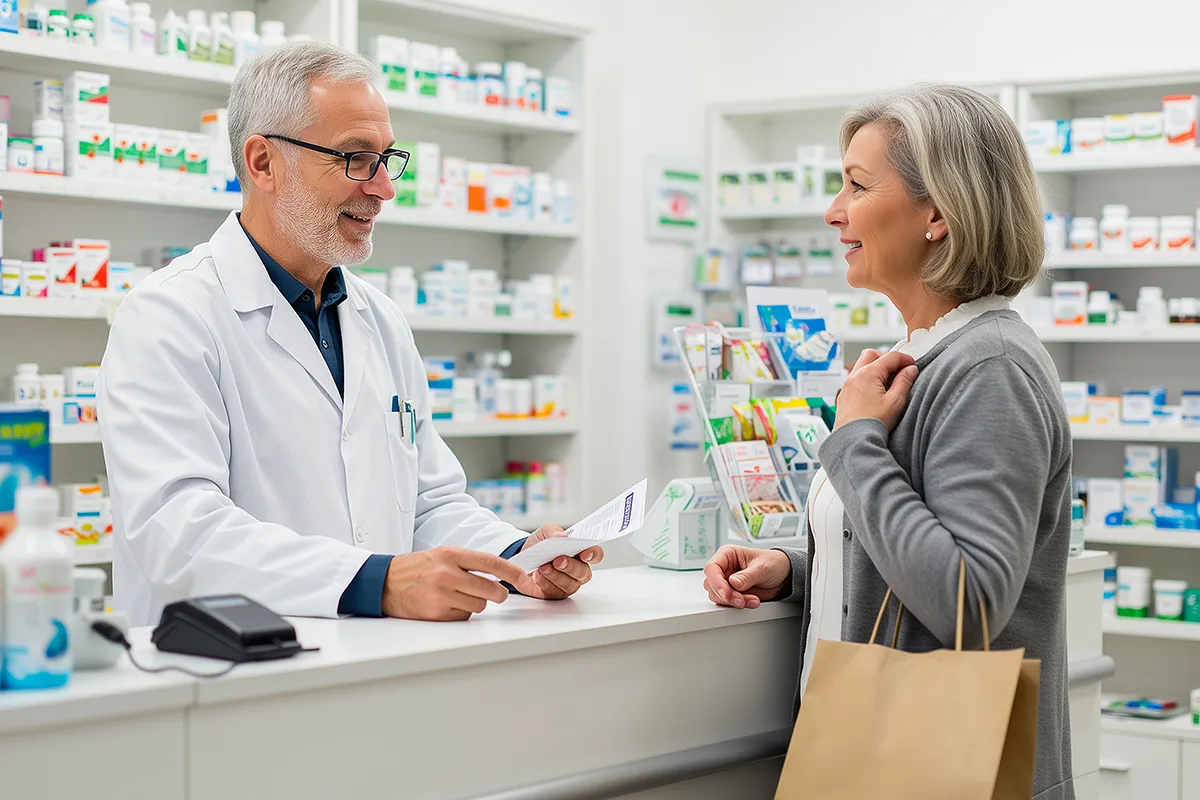 Ein ältere Damen wir von einem Apotheker hinter einem Tresen in einem Verkaufsraum beraten