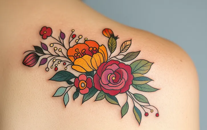 Taetowierungen Tattooentfernung ohne Schmerzen Blumentattoo auf der Schulter