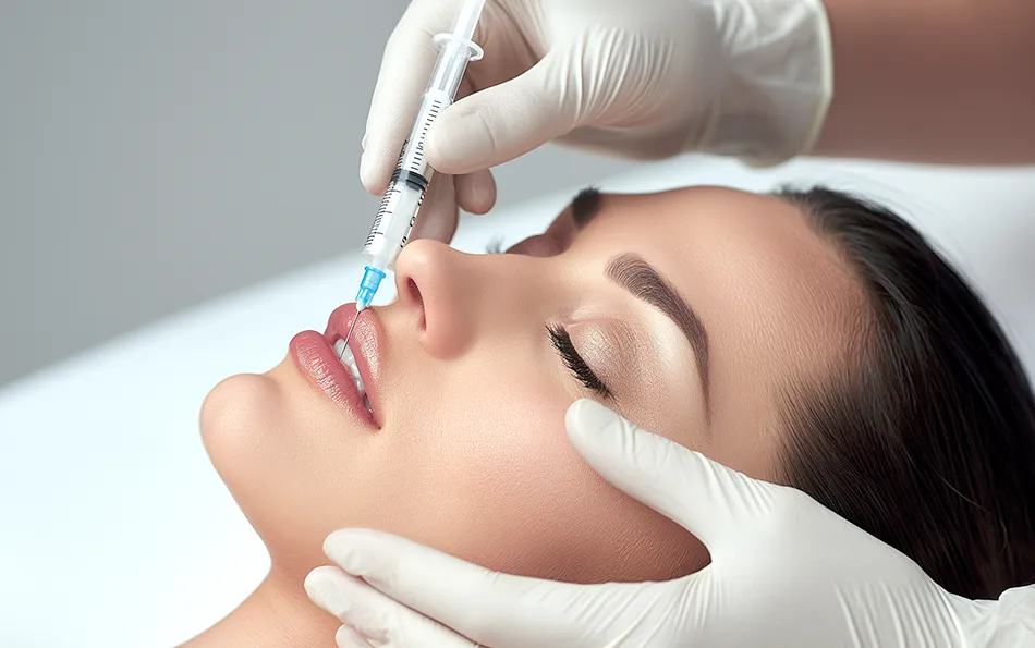 Arten von Unterspritzungen Hyaluronsäure Jemand setzt eine Spritze in die Unterlippe einer liegenden weiblichen Person