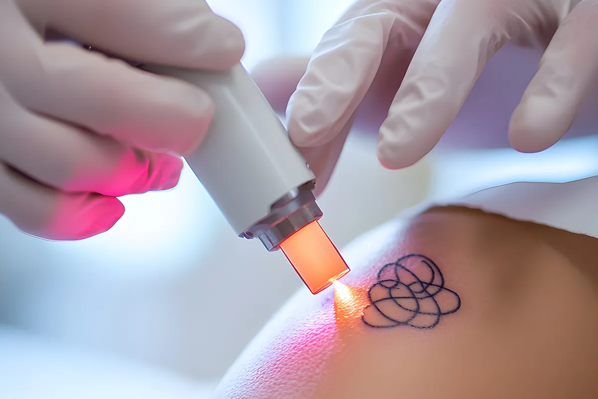 Nahaufnahme eines Lasers bei der Tattooentfernung in Händen