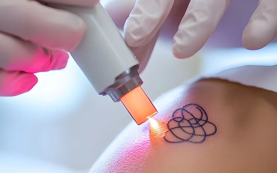 Nahaufnahme eines Lasers bei der Tattooentfernung in Händen