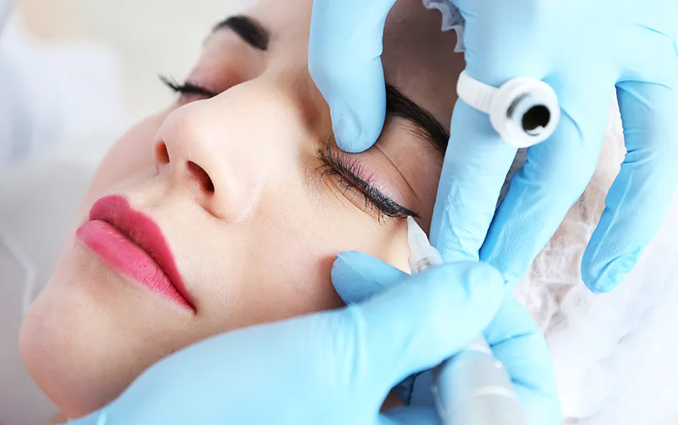 Bei einer weiblichen Person wird eine Permanent Makeup Behandlung am Augenlid durchgeführt