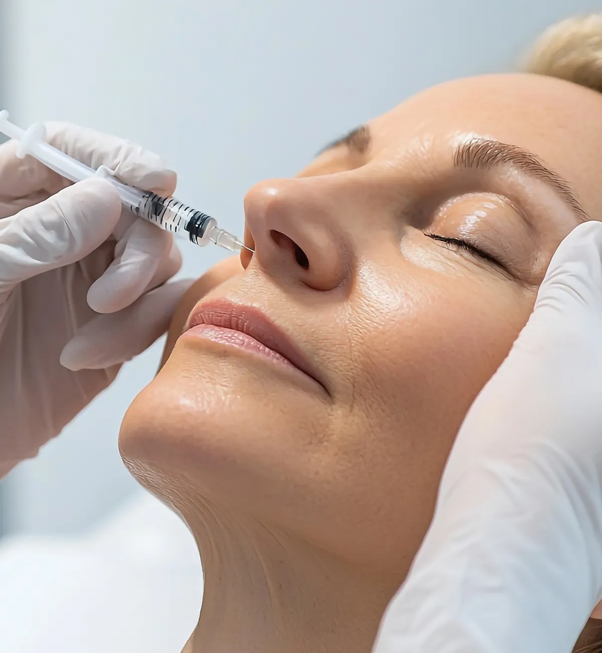 Hyaluronsäure Behandlung Lidogalen Creme Schmerzlinderung Einer weiblichen Person wird eine Spritze in die Nase gegeben und ihr Gesicht mit der anderen Hand gehalten