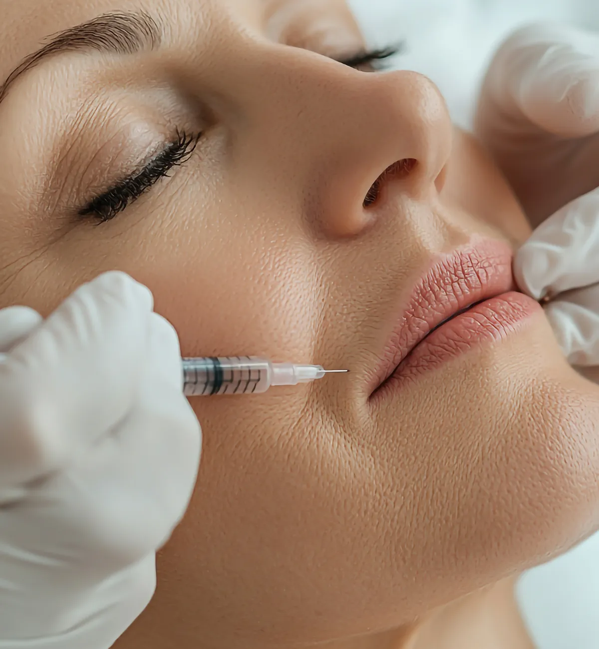 Hyaluronsäure Behandlung Schmerzhafte Areale Seitenaufnahme einer weiblichen Person, der in der äußeren Lippengegend eine Spritze gegeben wird