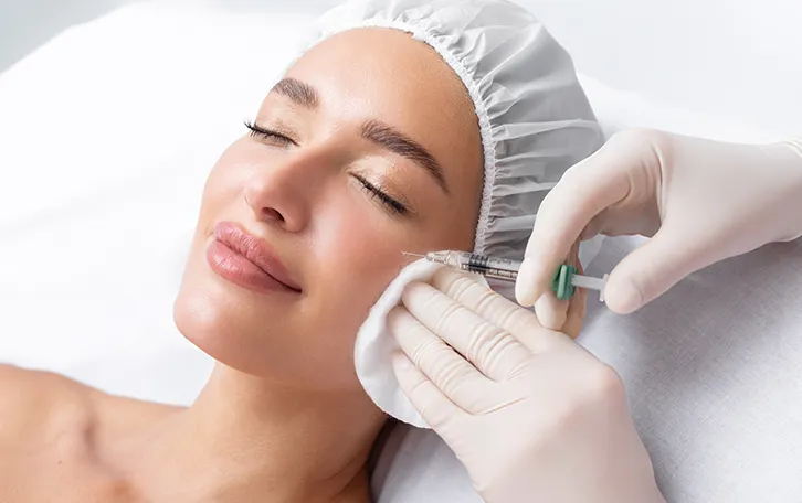 Eine Spritze ist unter dem linken Auge einer weiblichen Person mit Haarnetz angesetzt