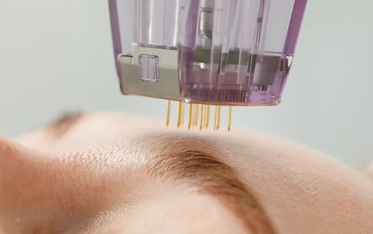 Nahaufnahme Microneedling nahe der Augenbraun