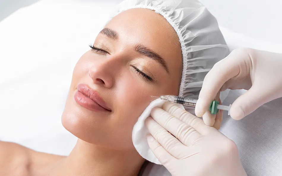 Eine Spritze ist unter dem linken Auge einer weiblichen Person mit Haarnetz angesetzt